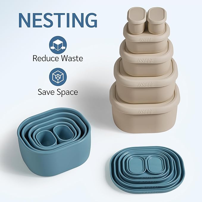 ISSEVE 6Pcs/Set Nesting Silicone Food Storage Containers with Lids, BPA Free Reusable Meal Prep Silicone Containers Lunch Box Bento Box Set (33.8oz, 20oz, 10oz, 6.7oz, 1.3oz) (Beige)