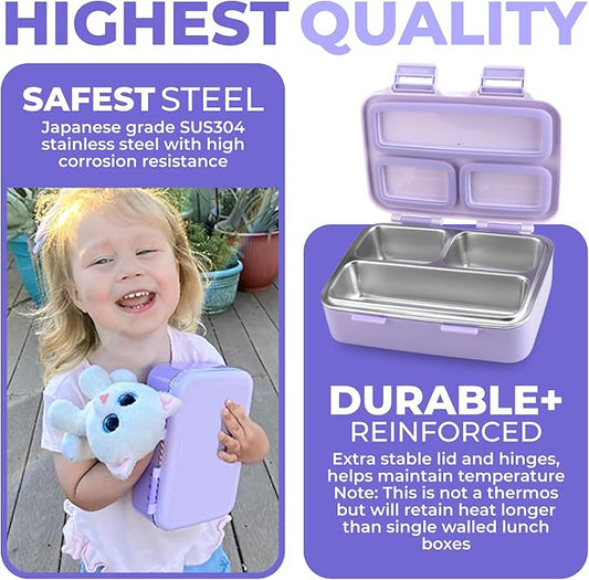 Stainless Steel Lunch Box for Baby Toddlers Girls, Mini Bento, 3 Eco Metal Portion Sections Leakproof Lid, Pre-School Daycare Lunches, Toddler Kids Spill-Proof Snack Container, 18 oz/550 mL Purple