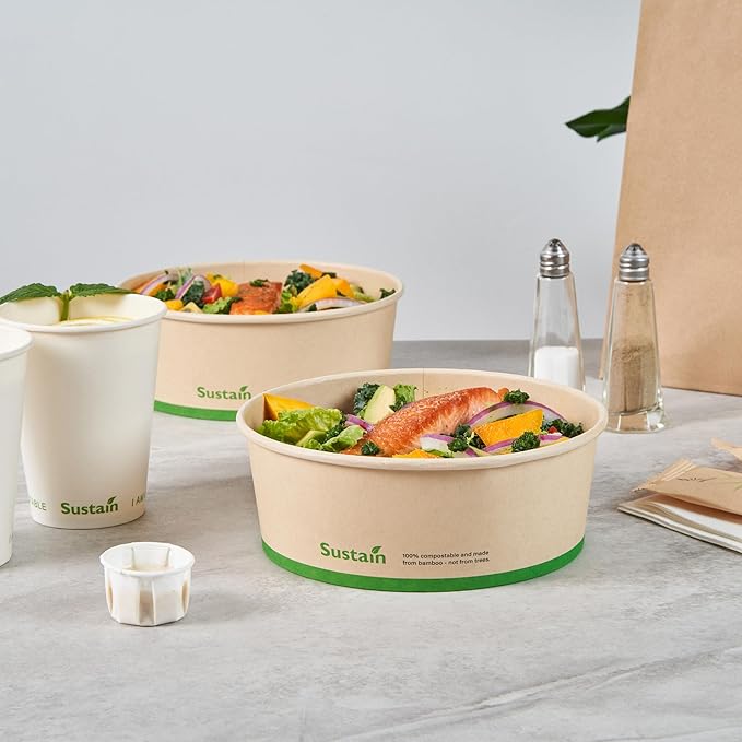 Restaurantware-Sustain 44 Ounce Sturdy Paper Take Out Boxes, 50 Round Take Out Food Containers - With PLA lining, Compostable, Bamboo Paper Containers, Disposable, Greaseproof