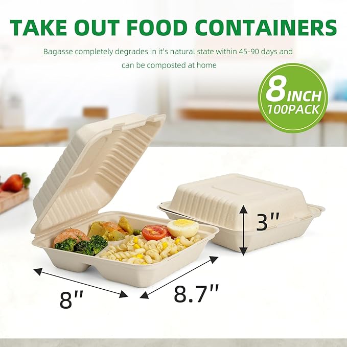 100-Pack [8”X8” 3 Compartment] Clamshell Take Out Food Containers,100% Compostable Disposable To Go Containers,Heavy Duty,Eco-Friendly Biodegradable Bagasse Take Out Boxes for Food(Brown)