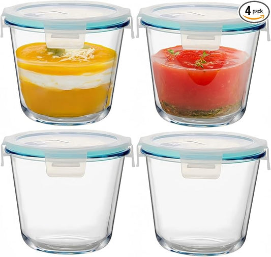 Qxbekmor 4 Packs Glass Soup Storage Containers with Airtight Lids, Leak-proof 3 Cup Freezer Food Storage Jars, Great for Lunch, Meal Prep, Leftover, Overnight Oats, Microwave and Dishwasher Safe