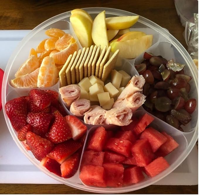 2 Pack - Candy and Nut Serving Container, Appetizer Tray with Lid, 6 Compartment Round Plastic Food Storage Lunch Organizer, Divided Christmas Keto Snack Plate, Dish Platter w/Cover, 10-Inch
