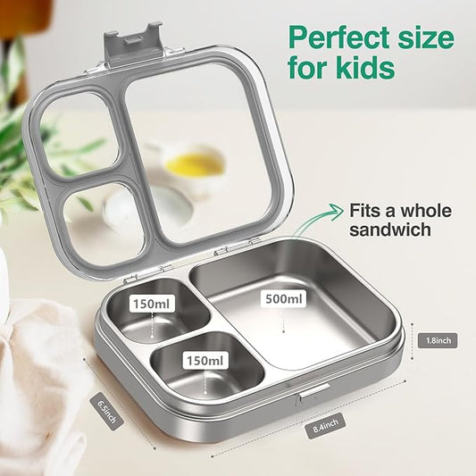 Stainless Steel Lunch Box, 3 Compartments Metal Bento Box for Kids Adults, Leak-Proof Lunch Box for School Office, Dishwasher Safe, BPA-Free, Tritan Lid, Grey