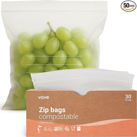 Compostable Zip Bags | 30-Pack Sandwich Size | Biodegradable Food Storage | PLA & PBAT Eco-Friendly | Zero Waste Kitchen | Plastic-Free | FSC & DIN Certified