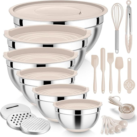 E-far 25PCS Mixing Bowls with Lid Set, Stainless Steel Nesting Prep Bowls with Grater Attachments Kitchen Gadgets Non-Slip Bottoms for Cooking, Serving, Food Storage, 4.6/2.6/2/1.5/1/0.7QT - Khaki