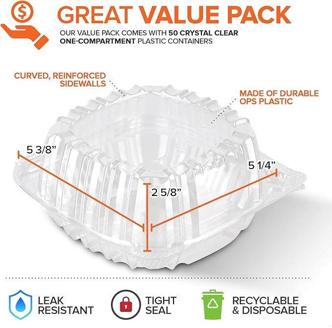 Disposable Plastic To Go Containers with Clear Lids (50 Pack) Fancy Hinged Top Square Clamshell Food Boxes for Take Out, Home Party Togo Clam Shell Box to Carry Cake, Dessert, Small Sandwich