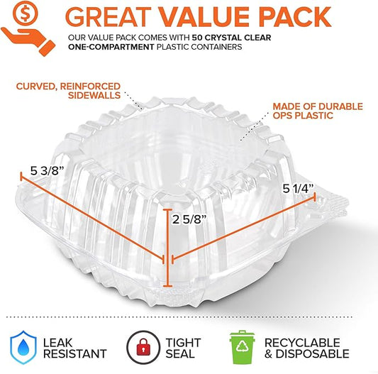 Disposable Plastic To Go Containers with Clear Lids (50 Pack) Fancy Hinged Top Square Clamshell Food Boxes for Take Out, Home Party Togo Clam Shell Box to Carry Cake, Dessert, Small Sandwich