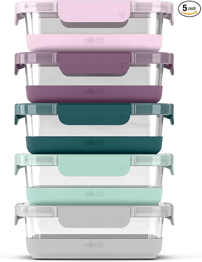 Ello Duraglass 3.4 Cup Meal Prep Sets 10Pc, 5 Pack Set- Glass Food Storage Container with Silicone Boot and Airtight BPA-Free Plastic Lids, Dishwasher, Microwave, and Freezer Safe, Garden Goals