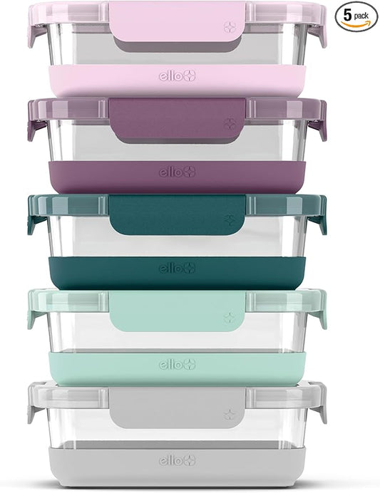 Ello Duraglass 3.4 Cup Meal Prep Sets 10Pc, 5 Pack Set- Glass Food Storage Container with Silicone Boot and Airtight BPA-Free Plastic Lids, Dishwasher, Microwave, and Freezer Safe, Garden Goals