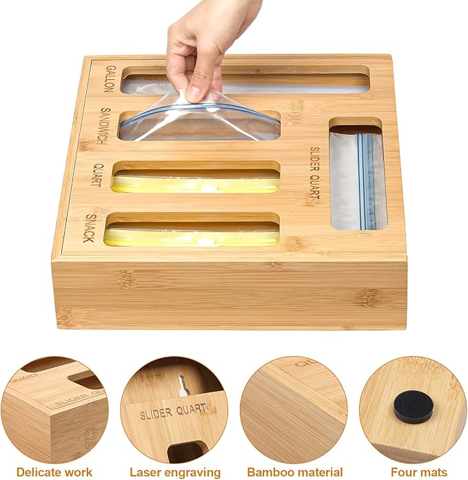 Plastic Bag Organizer for Drawer, Bamboo Food Storage Bags Container Organizer with Slider, Baggie Bags Storage for Drawer Compatible with Gallon, Sandwich Variety Size Bags