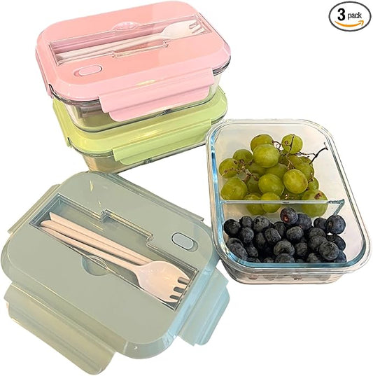 THY COLLECTIBLES Set of 3 36 OZ Glass Lunch Storage Containers with Lids and Utensils, Microwave Safe, Leak Proof, Freezer to Oven Safe for Meal Prep, Leftovers, Cooking, Bento Box (2 Compartments)
