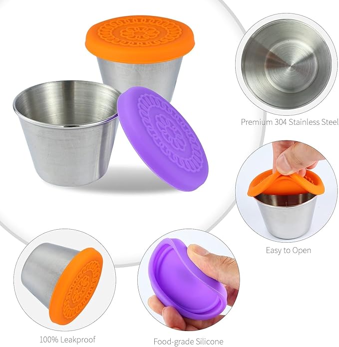 10 Pcs 2.5 oz Salad Dressing Container To Go, Stainless Steel Condiment Containers Cups with Silicone Lids, Leakproof & Reusable Sauce Containers for Snacks, Dipping Sauce,Ice Cream