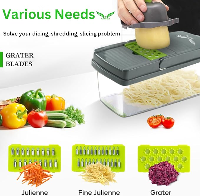 Vegetable Chopper, Pro Onion Chopper, Multifunctional 16 in 1 Food Chopper, Kitchen Vegetable Slicer Dicer Cutter, Veggie Chopper With interchangeable Blades, Food Chopper With Conteiner (Grey/Geen)