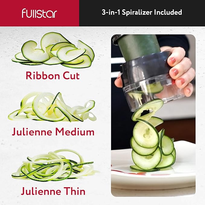 Fullstar All-in-1 Vegetable Chopper and Mandoline Slicer for Kitchen - Cheese Grater, French Fry Cutter, Cheese Slicer - Bonus Handheld Spiralizer Included (6 in 1, Clear)