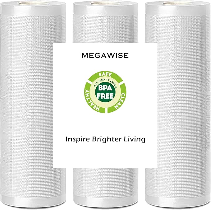 MegaWise 3 Rolls of Vacuum Sealer Machine Bags, 8 inch wide and 21.6 Feet Long for Megawise & other brand vacuum sealers Perfect for Meal Prep and Sous Vide Cooking