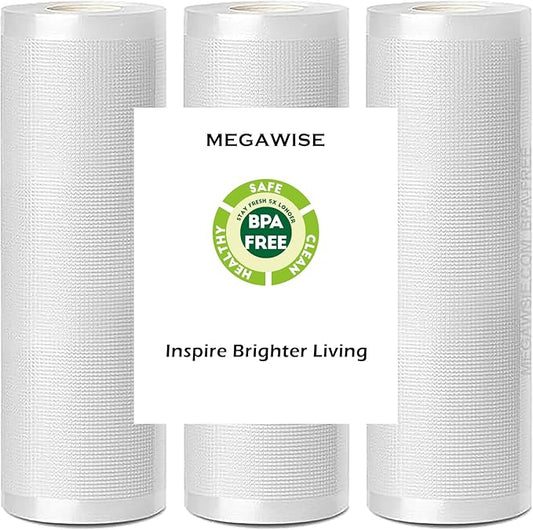 MegaWise 3 Rolls of Vacuum Sealer Machine Bags, 8 inch wide and 21.6 Feet Long for Megawise & other brand vacuum sealers Perfect for Meal Prep and Sous Vide Cooking