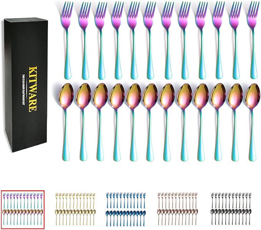 Rainbow Forks and Spoons, KITWARE 24-Piece Silverware Set for 12, Stainless Steel Flatware Cutlery Set for Daily Meal, Outdoor Camping, Hiking, Travel, Hotel