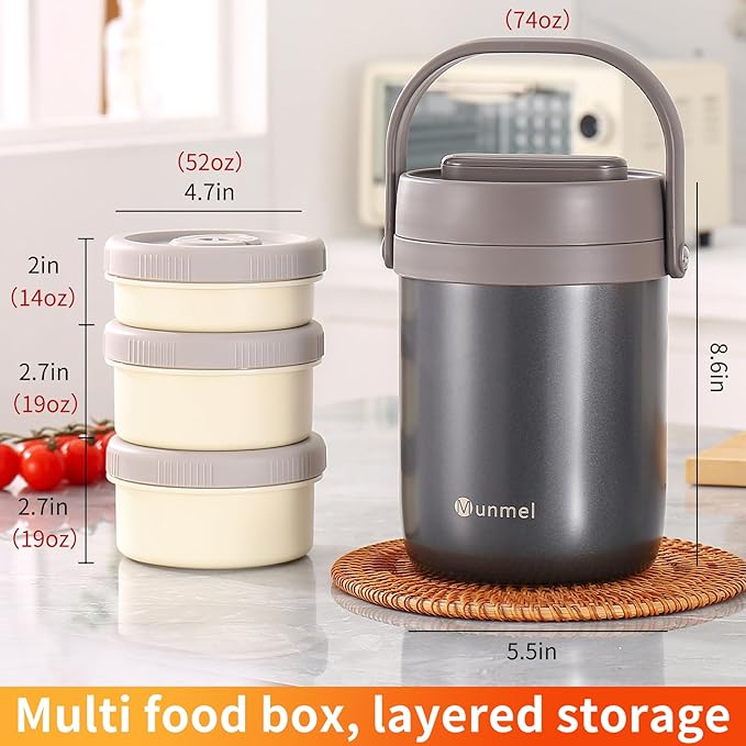 Adults Lunch Vacuum Soup Thermos For Hot Food with Inserts Stackable Bento Box Storage Container,Width Mouth Stainless Steel Portable Insulated Food Jar (grey, 74 oz)