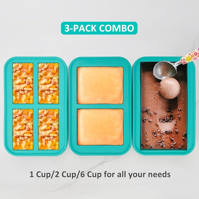 Bundle of 8 Pack Collapsible Food Storage Containers with Lid Blue + 3 Pack Silicone Freezer Trays with Lids Aqua