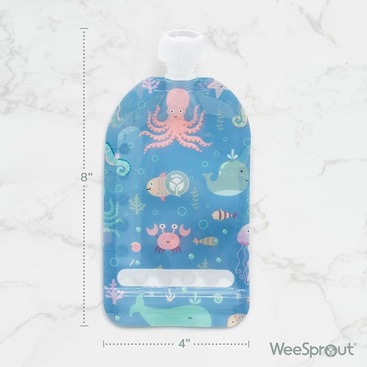 WeeSprout Double Zipper Reusable Food Pouches, Perfect for Babies & Toddlers, Freezer & Dishwasher Safe (Animals, 5 Fl Oz (Pack of 6) + Pouch Filler)