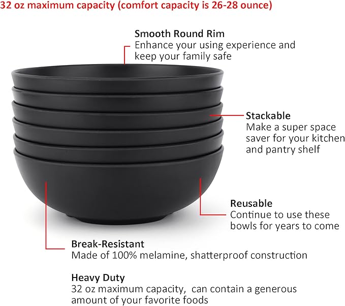 KOXIN-KARLU Melamine Bowls, 7.5-inch Pasta Bowls Salad Bowl, set of 6 Black