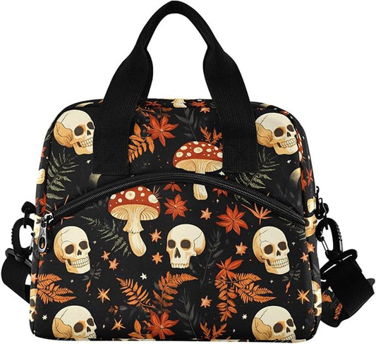 MNSRUU Insulated Lunch Bag Mushrooms Skull Women Men Fabric Dinner Tote Cooler Bag Reusable Leakproof Lunch Box with Adjustable Shoulder Handles Strap For Work School