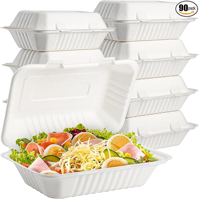 Elsjoy 90 Pack Disposable Clamshell To Go Containers, 9"x 6" Single Compartment Take Out Food Containers, Compostable Hinged Container Takeaway Lunch Box for Restaurant, Party, Microwave Safe