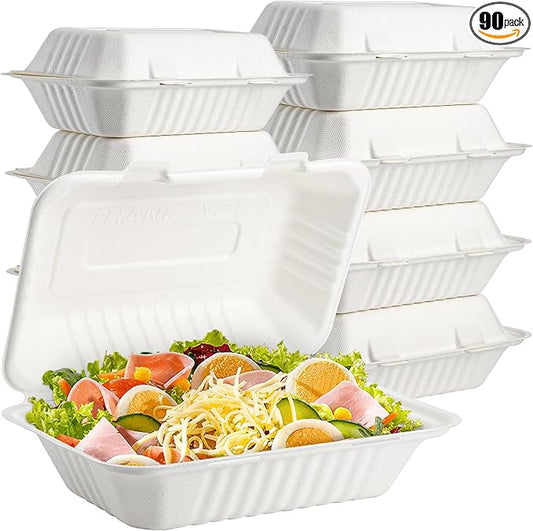 Elsjoy 90 Pack Disposable Clamshell To Go Containers, 9"x 6" Single Compartment Take Out Food Containers, Compostable Hinged Container Takeaway Lunch Box for Restaurant, Party, Microwave Safe