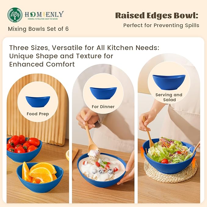 Homienly Wheat Straw Mixing Bowl Set, Wheat Straw Mixing Bowls 6 PCS, Nesting Bowls with Textured Pattern, Unbreakable Bowls Set Include 3 Size, Dishwasher and Microwave Safe Bowls for Kitchen(Blue)