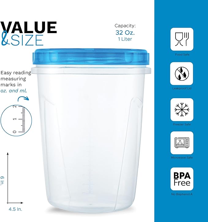 12 Pack Leakproof Freezer Containers for Food with Twist Top Lids - 32 Oz BPA Free Reusable Plastic Soup Containers with Screw On Lids - Ideal for Meal Prep, Leftovers & Pantry Organization