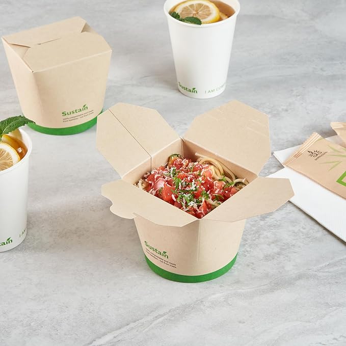 Restaurantware Sustain 26 Ounce Sturdy Paper Take Out Boxes, 200 Disposable Take Out Food Containers - With PLA lining, Compostable, Bamboo Paper Containers, Built-In Tab-Lock Cover, Greaseproof