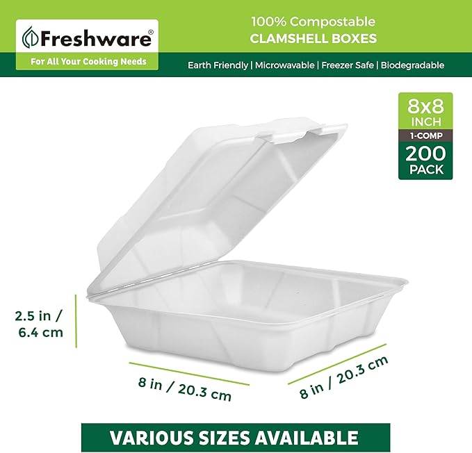 Freshware Compostable Clamshell Food Containers [8x8" 200-Pack] Disposable To Go Containers, Biodegradable Sugarcane To Go Boxes - Heavy Duty Paper Containers - Microwave & Freezer Safe, Stackable