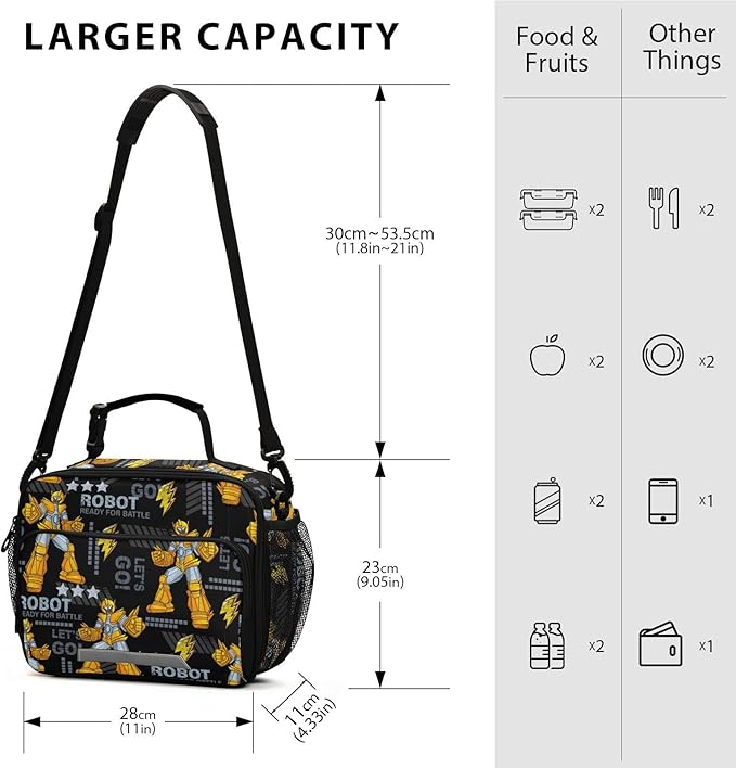 Pfrewn Yellow Robots Lunch Box Kids School Students Insulated Lunch Bag with Shoulder Strap for Office Adults Reusable Cooler Bags Lunch Tote