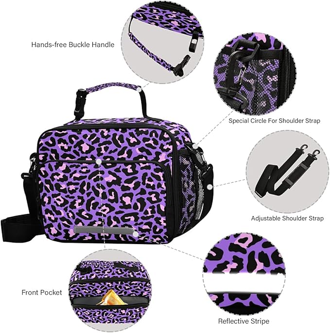 MNSRUU Student Lunch Bag Neon Purple And Pink Leopard Insulated Lunch Totes Picnic Bag Lunch Box with Adjustable Shoulder Strap for Teen Kids Adults