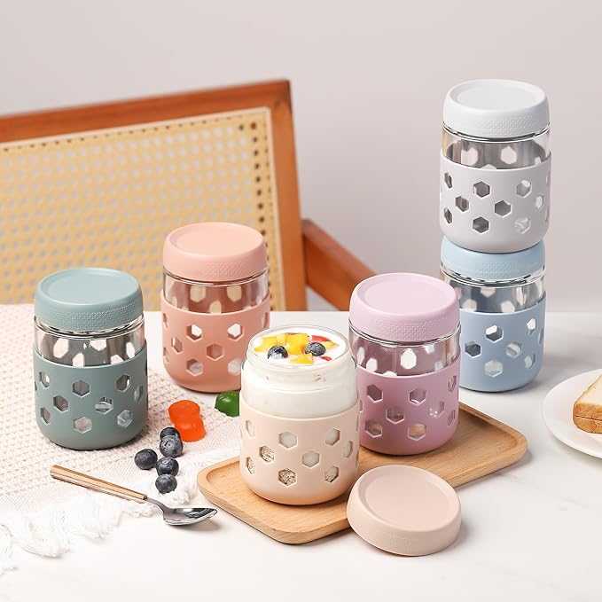 6-Pack Overnight Oats Containers with Lids and Protective Silicone Sleeve, 16 oz Glass Chia Pudding Jars with Airtight Lid, Mason Salad Meal Prep Jars for Yogurt Oatmeal