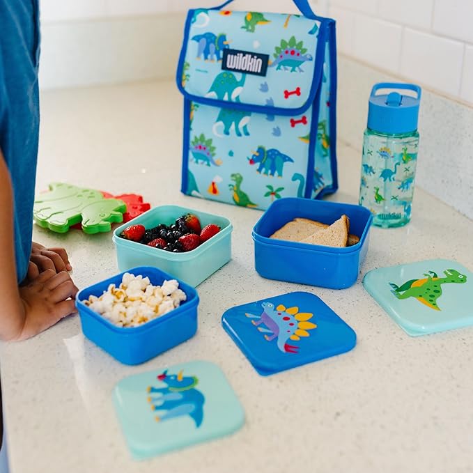 Wildkin Nesting Food Containers for Kids – Stackable, Airtight & Dishwasher Safe - Set of 3 - Dinosaur Land