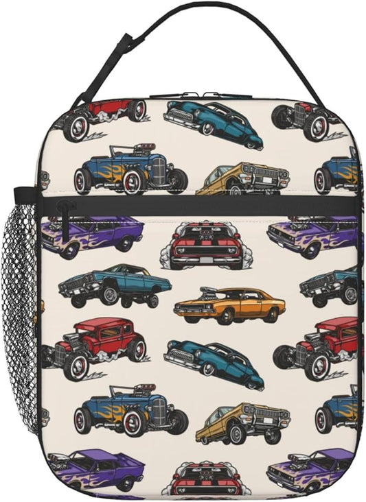 Insulated Lunch Box for Toddler Boys Kids Cars Lunch Box for Work,Picnic,School,Travel,Hiking,Beach or Fishing Polyester Cars Vintage Colorful Theme Lunch Bag