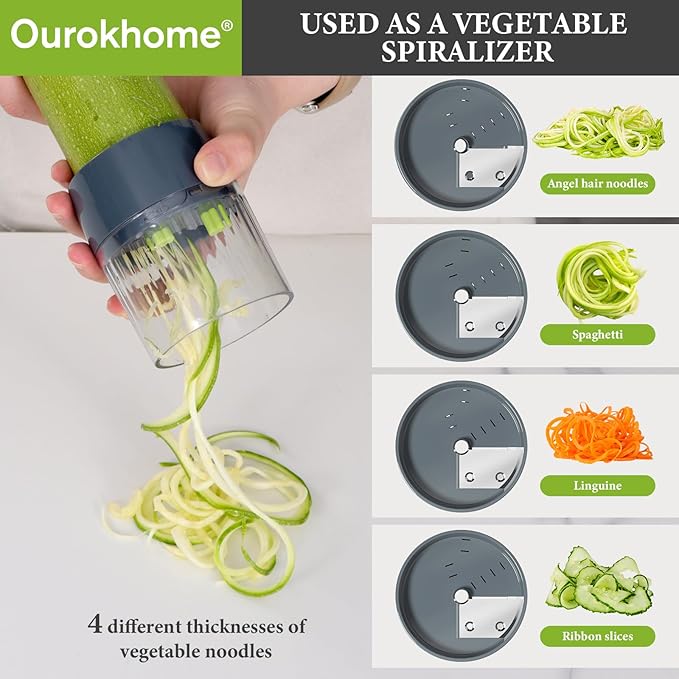 Ourokhome Veggie Chopper and Dicer with Container, Manual Hand Food Mandolin Slicer with 4 in 1 Handheld Vegetable Spiralizer for Zucchini, Potato, Onion, Essential Kitchen Gadgets (12 in 1, Gray)