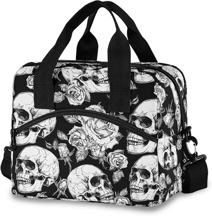 MNSRUU Insulated Lunch Bag Gothic Skulls and Flowers Women Men Fabric Dinner Tote Cooler Bag Reusable Leakproof Lunch Box with Adjustable Shoulder Handles Strap For Work School