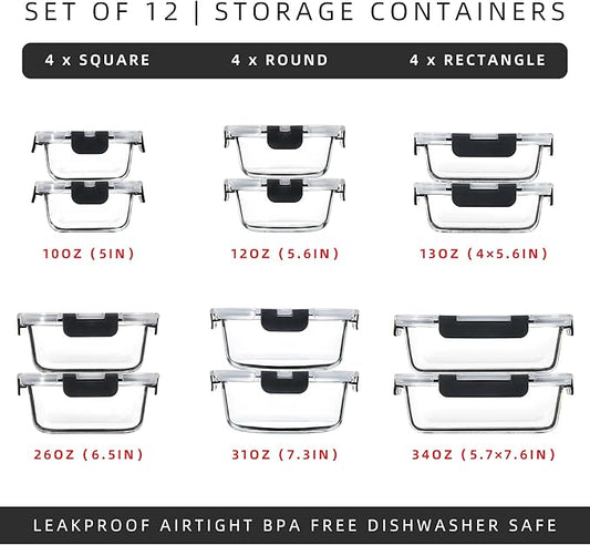 12 Pack Glass Meal Prep Containers with Airtight Lids, Leak-Proof Food Storage Containers, Dishwasher/Microwave/Oven/Freezer Safe Glass Containers for Lunch, Leftovers, to Go (Grey)