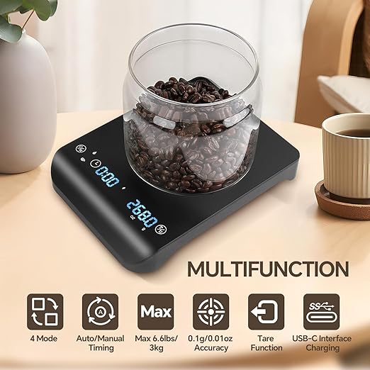 Mini Coffee Scale with Timer 3kg/0.1g, High Accurate Rechargeable Espresso Scale for Espresso, Pour-Over Coffee and Great French Press, with Automatic Timing