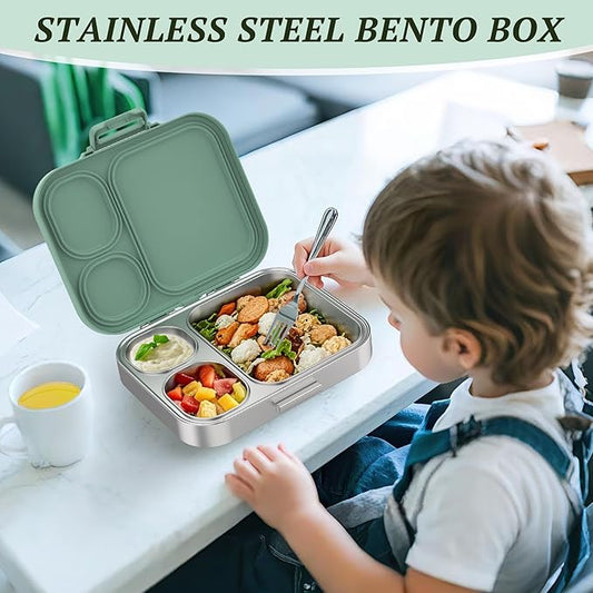 Kids Stainless Steel Lunch Box, Leak-Proof with free sealing Bento Box 3 Compartments Green Boy