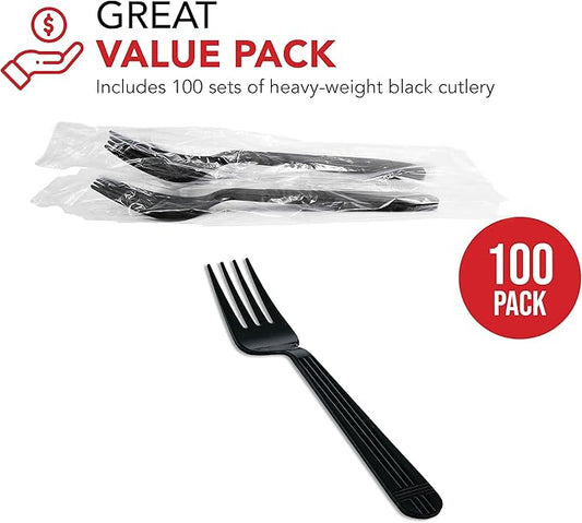 Party Essentials Individually Wrapped Black Plastic Utensil Sets/Heavy Duty Flatware Packs, Fork, 100 Sets