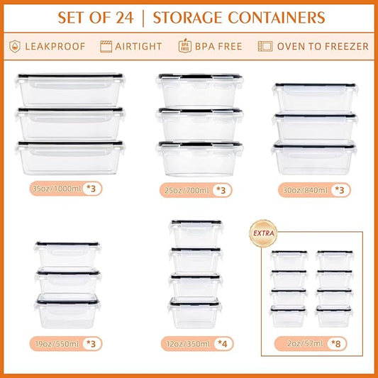 Plastic Food Storage Containers with Lids – Plastic Food Containers with Lid Airtight, Leakproof, BPA-Free – Perfect for Meal Prep, Snacks, and Leftovers (24 plastic pack)