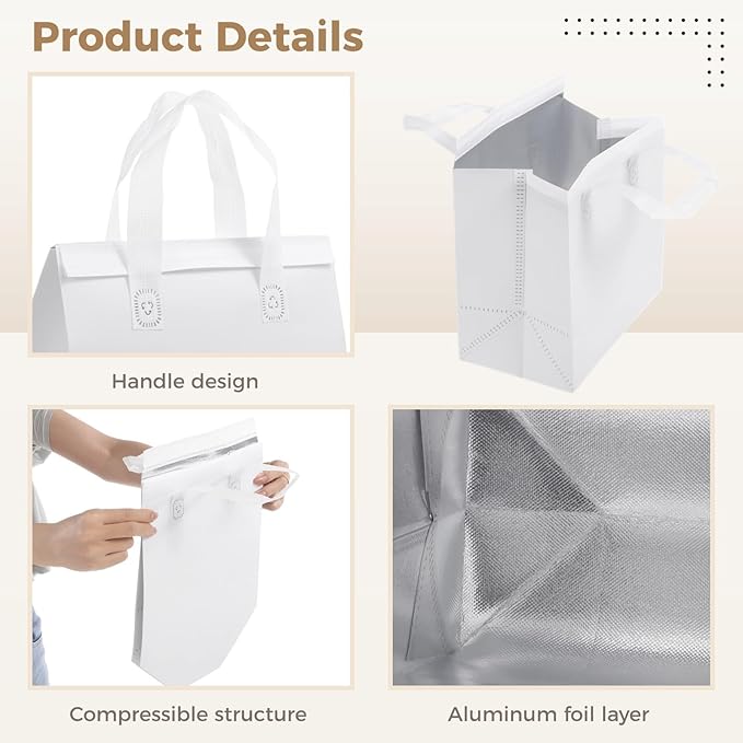 OMISTAR 50 PCS Insulated Take Away Bags, 9.5 x 6 x 9.5 Inches Bulk Food Bags Thermal Insulation for Coffee Milk Tea, Hot Cold Food Cooler Bags Pizza Delivery Bags for Restaurant Grocery
