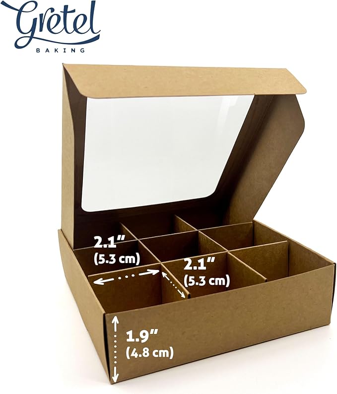 Treat boxes with window and dividers | 9 SMALL compartments | 6.5 x 6.5x 1.9 in | Chocolate covered strawberries supplies, macaron boxes, baked goods packaging | 10-pack (Kraft)