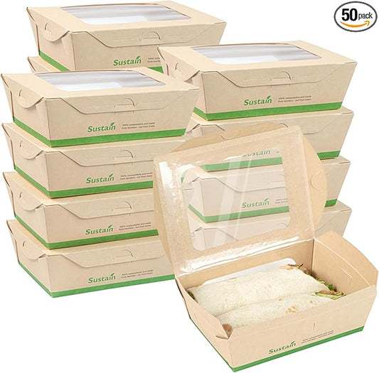 Restaurantware-Sustain 28 Ounce Sturdy Paper Take Out Boxes, 50 Disposable Take Out Food Containers - With PLA lining, Two Clear PLA Windows, Bamboo Paper Containers, Compostable, Tab-Lock Design