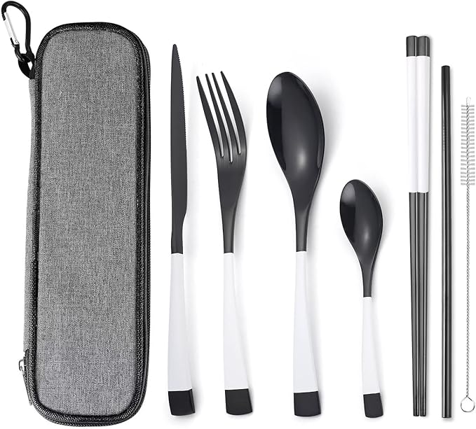 AARAINBOW 7 Pieces Stainless Steel Flatware Set Portable Reusable Cutlery Set Travel Utensils Set Including Chopsticks Knife Fork Spoon Straws Cleaning Brush Dishwasher Safe (K-Black white)