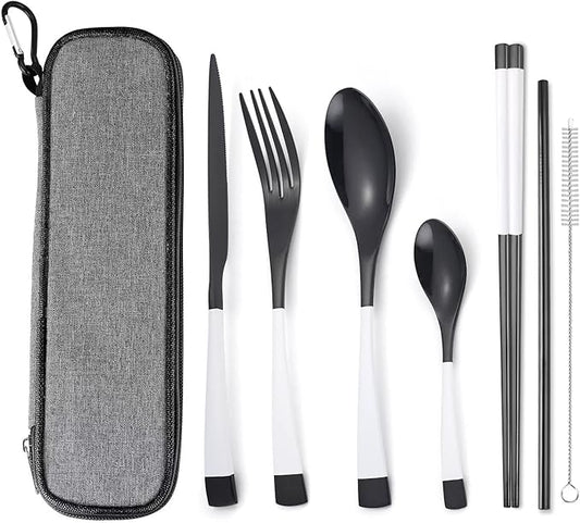 AARAINBOW 7 Pieces Stainless Steel Flatware Set Portable Reusable Cutlery Set Travel Utensils Set Including Chopsticks Knife Fork Spoon Straws Cleaning Brush Dishwasher Safe (K-Black white)