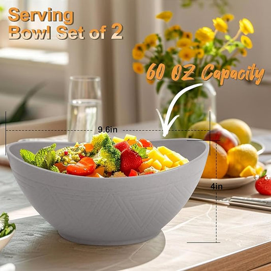 Homienly Wheat Straw Bowl Set Large Serving Bowls for Party 60 OZ Plastic Bowls Reusable Large Serving Dishes Microwave & Dishwasher Safe Prep Salad Bowls for Entertaining Bowl Set of 2 - Grey